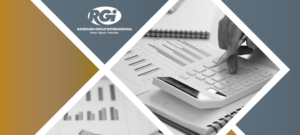 Raybourn Group International logo with hand using calculator for financial planning