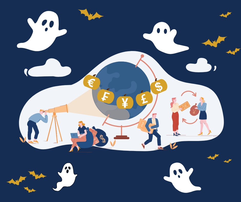 Business professionals strategic planning and representing commerce in the center with ghosts and bats surrounding for a Halloween theme