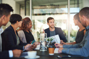 Board Members and group of business people in conference room meeting with advice, strategy and planning.