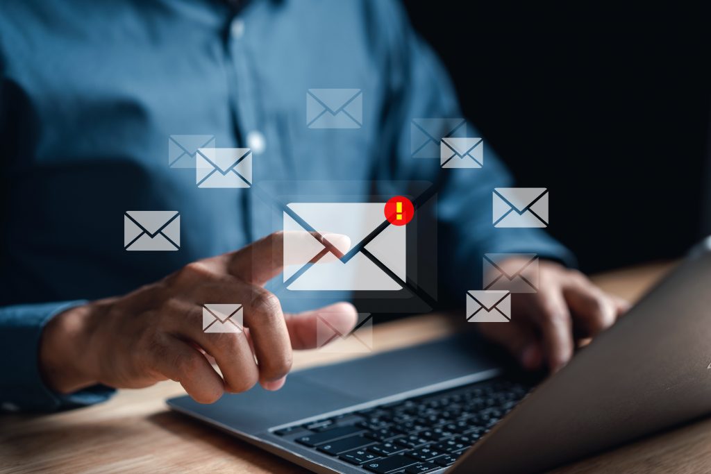 Businessman sending email by laptop computer to customer, business contact and communication, email icon, email marketing concept, send e-mail marketing or newsletter, online working internet network.